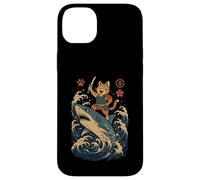 Ukiyo-e Inspired Samurai Cat Surfing Waves Great White Shark Carcasa para iPhone 14 Plus