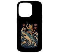 Ukiyo-e Inspired Samurai Cat Surfing Waves Great White Shark Carcasa para iPhone 14 Pro