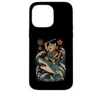 Ukiyo-e Inspired Samurai Cat Surfing Waves Great White Shark Carcasa para iPhone 14 Pro Max