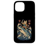 Ukiyo-e Inspired Samurai Cat Surfing Waves Great White Shark Carcasa para iPhone 15