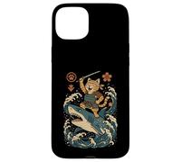 Ukiyo-e Inspired Samurai Cat Surfing Waves Great White Shark Carcasa para iPhone 15 Plus