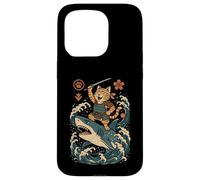 Ukiyo-e Inspired Samurai Cat Surfing Waves Great White Shark Carcasa para iPhone 15 Pro