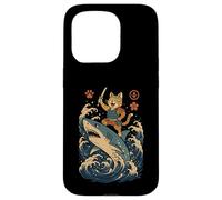 Ukiyo-e Inspired Samurai Cat Surfing Waves Great White Shark Carcasa para iPhone 15 Pro