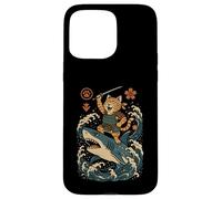 Ukiyo-e Inspired Samurai Cat Surfing Waves Great White Shark Carcasa para iPhone 15 Pro Max