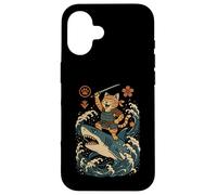 Ukiyo-e Inspired Samurai Cat Surfing Waves Great White Shark Carcasa para iPhone 16