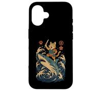 Ukiyo-e Inspired Samurai Cat Surfing Waves Great White Shark Carcasa para iPhone 16