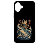Ukiyo-e Inspired Samurai Cat Surfing Waves Great White Shark Carcasa para iPhone 16 Plus