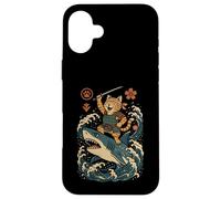 Ukiyo-e Inspired Samurai Cat Surfing Waves Great White Shark Carcasa para iPhone 16 Plus