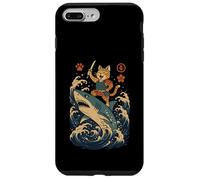 Ukiyo-e Inspired Samurai Cat Surfing Waves Great White Shark Carcasa para iPhone 7 Plus/8 Plus