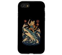 Ukiyo-e Inspired Samurai Cat Surfing Waves Great White Shark Carcasa para iPhone SE (2020) / 7 / 8
