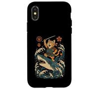 Ukiyo-e Inspired Samurai Cat Surfing Waves Great White Shark Carcasa para iPhone X/XS