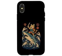 Ukiyo-e Inspired Samurai Cat Surfing Waves Great White Shark Carcasa para iPhone X/XS