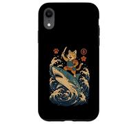 Ukiyo-e Inspired Samurai Cat Surfing Waves Great White Shark Carcasa para iPhone XR