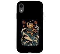 Ukiyo-e Inspired Samurai Cat Surfing Waves Great White Shark Carcasa para iPhone XR