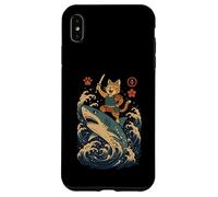 Ukiyo-e Inspired Samurai Cat Surfing Waves Great White Shark Carcasa para iPhone XS Max