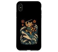 Ukiyo-e Inspired Samurai Cat Surfing Waves Great White Shark Carcasa para iPhone XS Max
