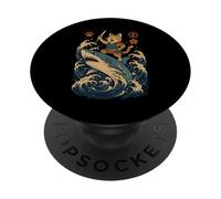Ukiyo-e Inspired Samurai Cat Surfing Waves Great White Shark PopSockets PopGrip Adhesivo