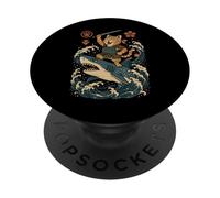 Ukiyo-e Inspired Samurai Cat Surfing Waves Great White Shark PopSockets PopGrip Adhesivo