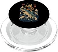 Ukiyo-e Inspired Samurai Cat Surfing Waves Great White Shark PopSockets PopGrip para MagSafe