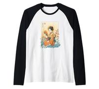 Ukiyo-e Kimono Fan Cherry Blossom Ondas Arte Japonés Camiseta Manga Raglan
