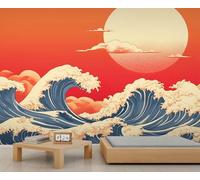 Ukiyo-E - Mural de pared de olas de estilo japonés, papel tapiz de sol rojo para habitación de los niños, sala de estar, dormitorio, sofá, TV, decoración de fondo - 250 x 175 cm