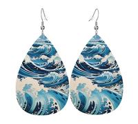 Ukiyo-E - Pendientes de piel con forma de lágrima estilo olas, accesorios para mujer, aretes versátiles adecuados para viajes y viajes.