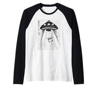 Ukiyo-e Style UFO secuestrando Linda Rana Pintura artística de Tinta Camiseta Manga Raglan