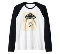 Ukiyo-e Style UFO secuestrando Lindo Gato Pintura Arte Tinta Camiseta Manga Raglan