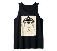 Ukiyo-e Style UFO secuestrando Lindo Gato Pintura Arte Tinta Camiseta sin Mangas