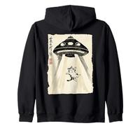 Ukiyo-e Style UFO secuestrando Lindo Gato Pintura Arte Tinta Sudadera con Capucha