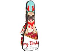 Ukulele Bag Merry Christmas Pug Dog Pattern Ukulele Case para Soprano Tenor Concierto 23 pulgadas 10MM Grueso suave acolchado correas ajustables Gig Bag