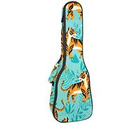 Ukulele Bag Tiger Pattern Animal Blue Green Leaves Pattern Ukulele Case para Soprano Tenor Concierto 23 pulgadas 10MM Grueso suave acolchado correas ajustables Gig Bag