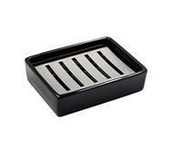 Ulable Jabonera de cerámica de acero inoxidable SUS304 para baño, doble capa, autodrenante, decir no al jabón suave, fácil limpieza (negro)