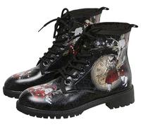 Ulalaza Botas de mujer con punta redonda y tacones de bloque, botines de plataforma gótica con cordones, botas Punk, botas cortas de cuero con estampado Multicolor