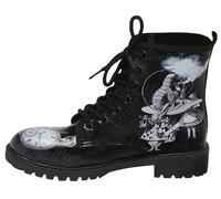 Ulalaza Botas de mujer con punta redonda y tacones de bloque, botines de plataforma gótica con cordones, botas Punk, botas cortas de cuero con estampado Multicolor