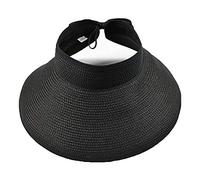 Ulalaza Visera de verano plegable de paja para mujer con bonito moño UPF 50+ plegable de ala ancha enrollable, sombrero de playa, Negro, Talla única