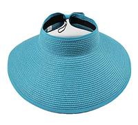 Ulalaza Visera de verano plegable de paja para mujer con bonito moño UPF 50+ plegable de ala ancha enrollable, sombrero de playa, azul, Talla única