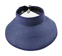Ulalaza Visera de verano plegable de paja para mujer con bonito moño UPF 50+ plegable de ala ancha enrollable, sombrero de playa, azul marino, Talla única