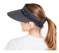 Ulalaza Visera de verano plegable de paja para mujer con bonito moño UPF 50+ plegable de ala ancha enrollable, sombrero de playa, SS16000-Negro, Talla única