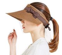 Ulalaza Visera de verano plegable de paja para mujer con bonito moño UPF 50+ plegable de ala ancha enrollable, sombrero de playa, SS16000-Coffee, Talla única