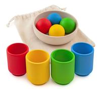 Ulanik Juego de bolas en tazas, juego de iniciación Montessori para niños a partir de 1 año + bolas de sensores para bebés, juegos de madera para contar y clasificar colores, 4 bolas