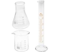 ULDIGI Kit de Laboratorio Científico de 3 Piezas, Vaso Medidor de Vidrio 50 Ml, Matraz Cónico 50 Ml y Cilindro Graduado 10 Ml, Resistente a Químicos para Educación y Experimentos