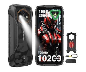 Ulefone RugKing 4 Pro Movil Resistente, Android 15 AI Smartphone 10200mAh 16GB+256GB/SD-2TB 6,56” 120Hz Teléfono, Octa-Core Cámara 48MP+8MP, 120LM Super Torch/3-Slots/IP68/IP69K/OTG/NFC/GPS Negro