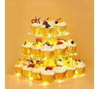 Ulifeme 3 Pisos Soporte Cupcakes, Cupcake Stand Plaza de Acrilico + Luz de Cuerda LED Amarilla, Pasteles de Postre Soporte para Cumpleaños, Boda, Graduación, Aniversario & Decoración de Fiesta