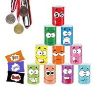 Ulifeme Juegos Exterior Niños Jardin, Juego de Lanzamiento, Juego Tirar Latas Punteria, 10pcs Sonreír Metal Tirar Latas + 3pcs Bolsas de Frijol + 3pcs Medalla, Callejón de Lata Juguetes para Fiesta