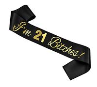 Ulikee Faja de cumpleaños para niña 21 cumpleaños, dorado, con texto en inglés "I'm 21 Bitches!", franja negra para 21 cumpleaños, finalmente legal, para beber, cumpleaños, fiesta de cumpleaños