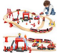Ulikey 58 piezas circuito de tren de madera infantil con locomotora eléctrica y camión de bombero, juguete tren regalos de cumpleaños y Navidad para niños, compatible con grandes marcas Mainstream