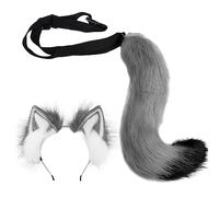 Ulikey Conjunto de Vestir Cola de Lobo Zorro, Orejas de Gato de Piel Sintética de Halloween Conjunto de Disfraz Infantil de Cola de Lobo Zorro de Peluche para Halloween, Carnaval (Gris)