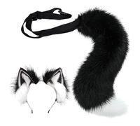 Ulikey Conjunto de Vestir Cola de Lobo Zorro, Orejas de Gato de Piel Sintética de Halloween Conjunto de Disfraz Infantil de Cola de Lobo Zorro de Peluche para Halloween, Carnaval (Blanco y Negro)