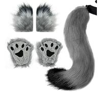 Ulikey Conjunto de Vestir Cola de Lobo Zorro, Orejas de Gato de Piel Sintética de Halloween Conjunto de Disfraz Infantil de Cola de Lobo Zorro de Peluche para Halloween, Carnaval (Gris Negro)
